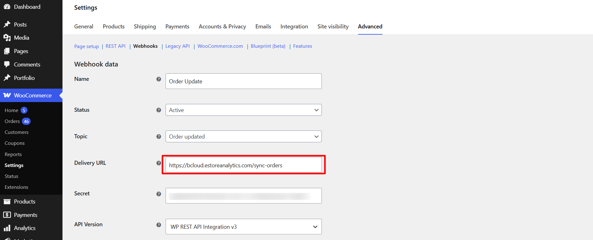 Webhook configuration form