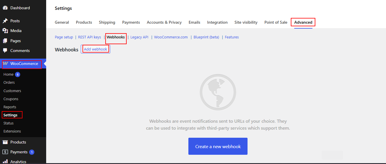WooCommerce Webhooks section