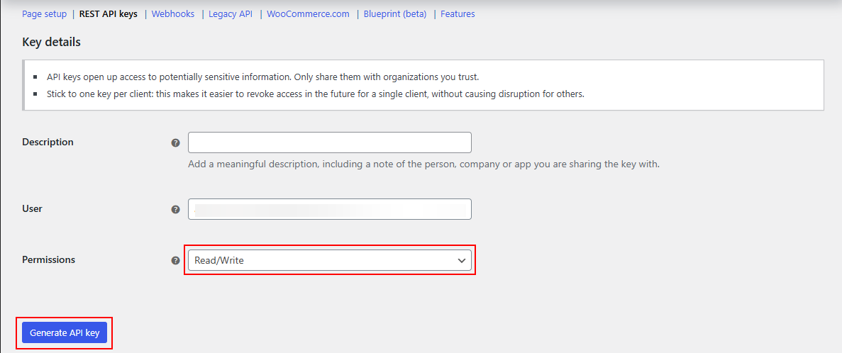 API key description and permissions