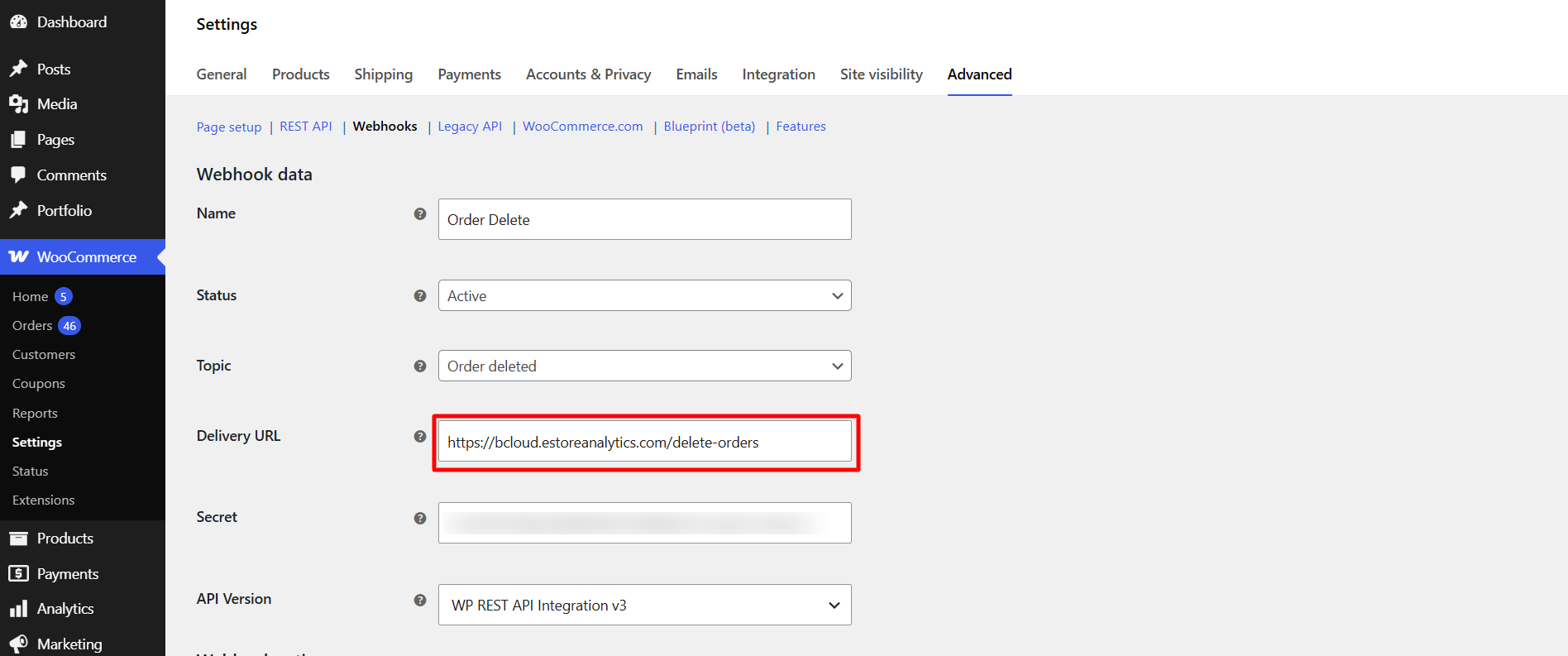 Order deletion webhook settings